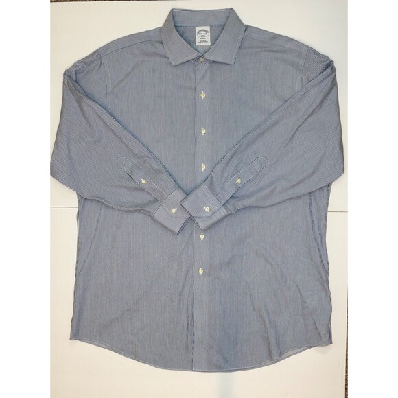 Brooks Brothers Mens 17.5 Reg Blue White Stripe Long Sleeve Button Up Shirt - Picture 3 of 6